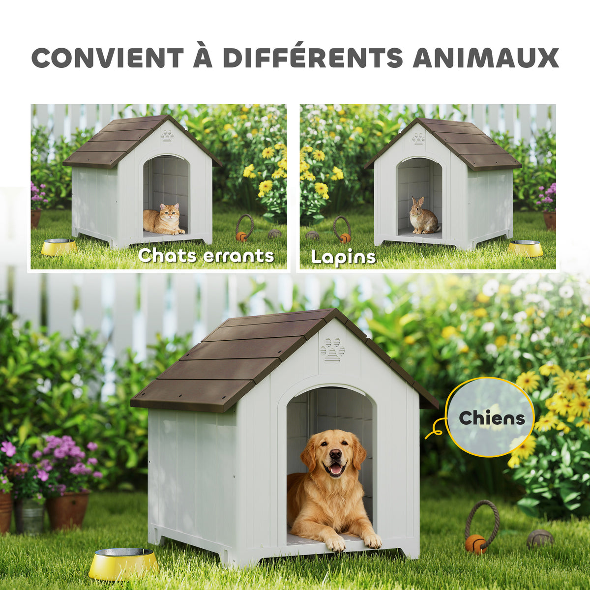 Niche pour chien extérieur, maison chien en polypropylène imperméable, ventilé, plancher surélevé, gris clair