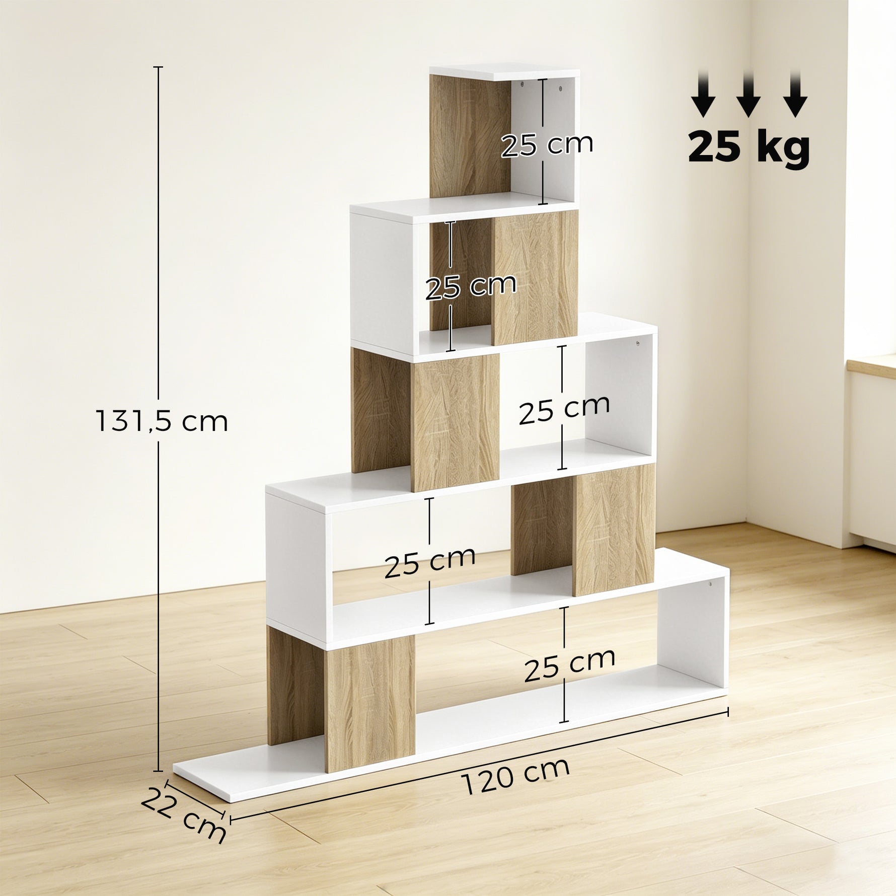 Étagère de rangement, bibliothèque géométrique à 5 niveaux, pour bureau, salon, chambre, blanc et bois naturel