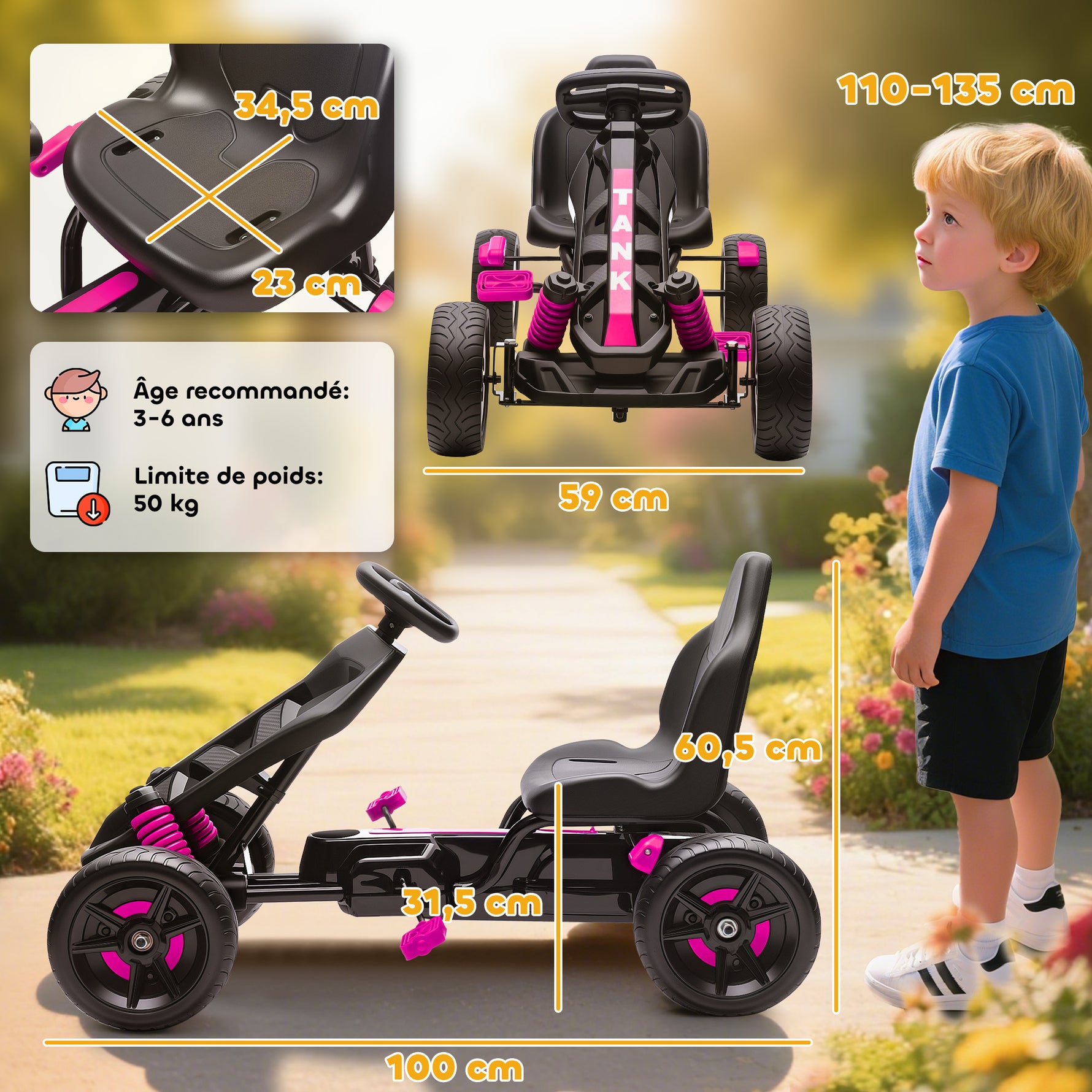Kart à pédales pour enfants, karting enfant 3 à 6 ans avec roue libre, frein, roues EVA antidérapantes, rose