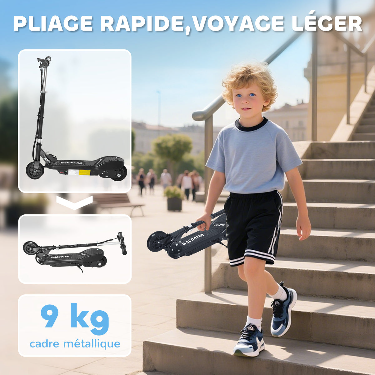 Klappbarer Elektroroller für Kinder ab 7 Jahren, 120W, max. Geschwindigkeit 12 km/h, 74x36x82,5-92,5 cm, Schwarz