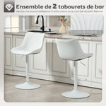 Lot de 2 tabourets de bar, chaises de bar structure en acier hauteur réglable 92-110 cm, dossier repose-pieds blanc
