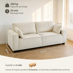 Canapé 3 places en velours côtelé 218 cm, canapé salon,  coussins à ressorts, larges accoudoirs, 2 coussins, beige