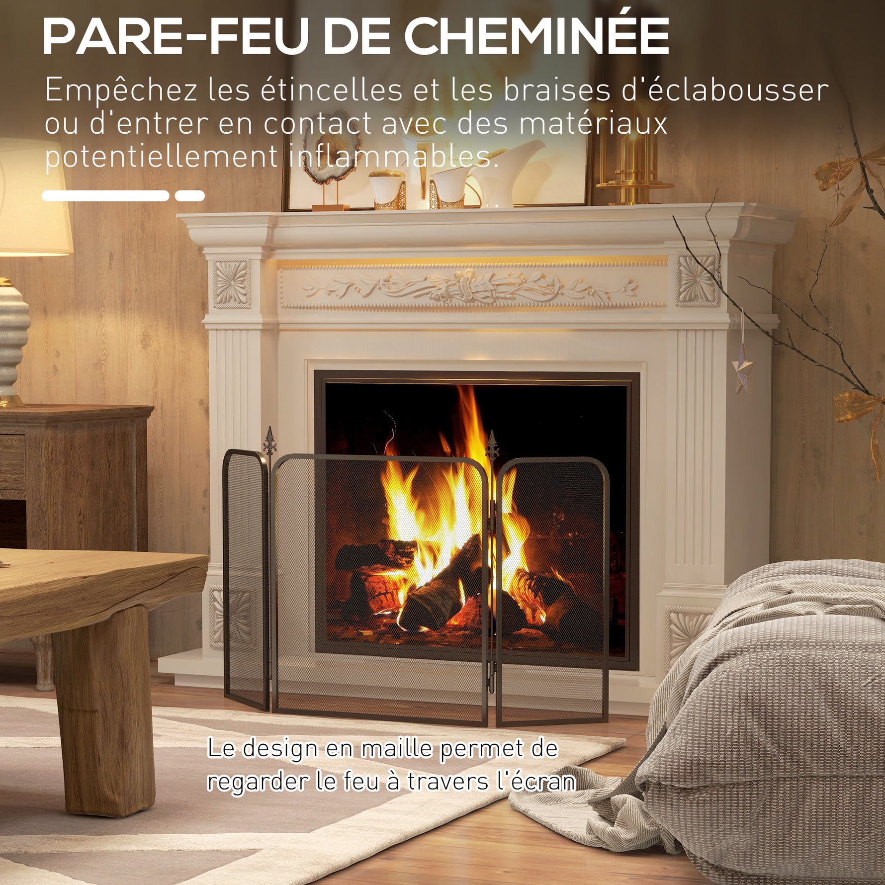 Pare feu cheminée pliable 3 panneaux, pare-étincelles cheminée, grille de protection cheminée en maille de métal noir