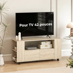 Meuble TV sur roulettes 102 cm, meuble télé pour téléviseur jusqu'à 42 pouces, 2 tiroirs, compartiments ouverts, naturel