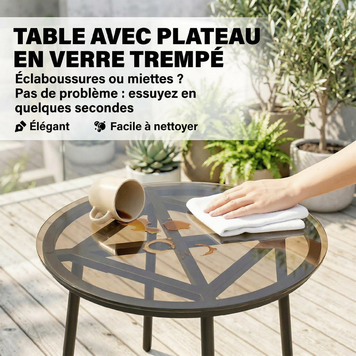 Salon de Jardin Extérieur 3 Pièces en Résine Tressée, Table en Verre Trempé, 2 Fauteuils avec Coussins, 62x73x79cm, Crème