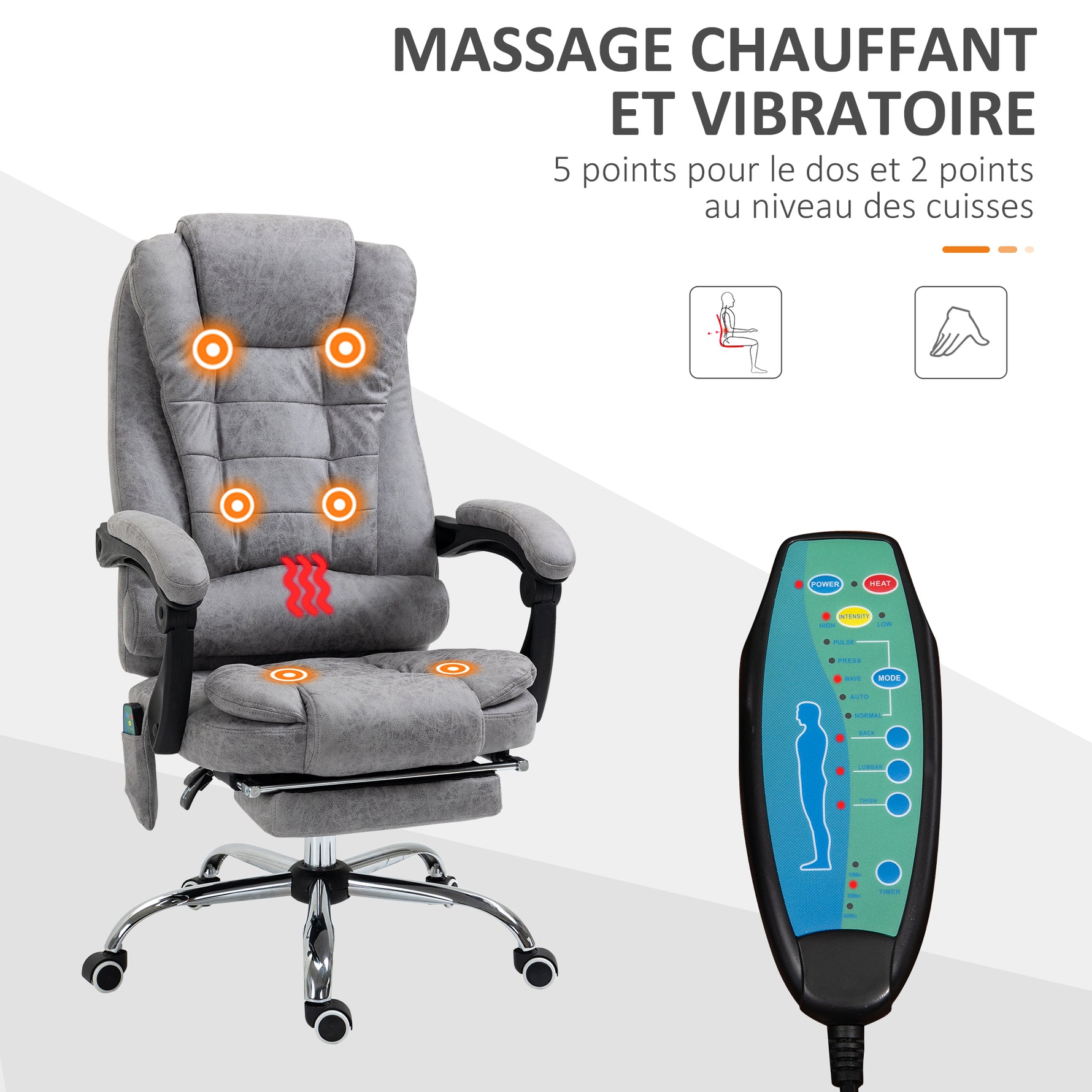 Fauteuil de bureau direction massant chauffant hauteur réglable dossier inclinable toile de microfibre gris