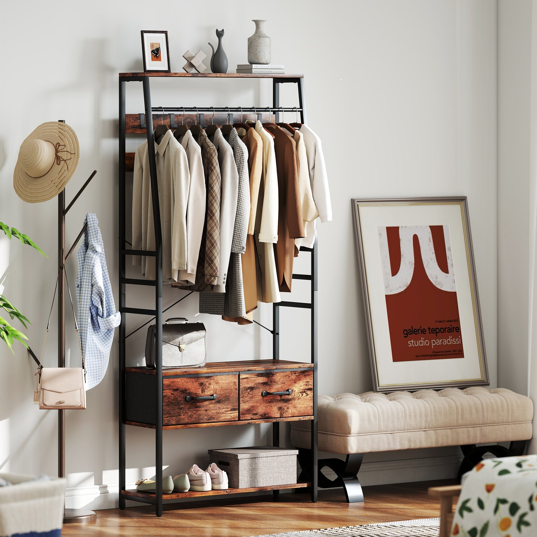 Meuble d'entrée 6 en 1 portemanteau tringle à vêtements étagère 2 tiroirs 10 crochet 80 x 30 x 180 cm brun rustique