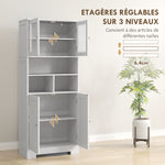 Buffet haut cuisine, armoire de cuisine, 4 portes, niches, étagères réglables, portes en verre, 60 x 30 x 145,5 cm blanc