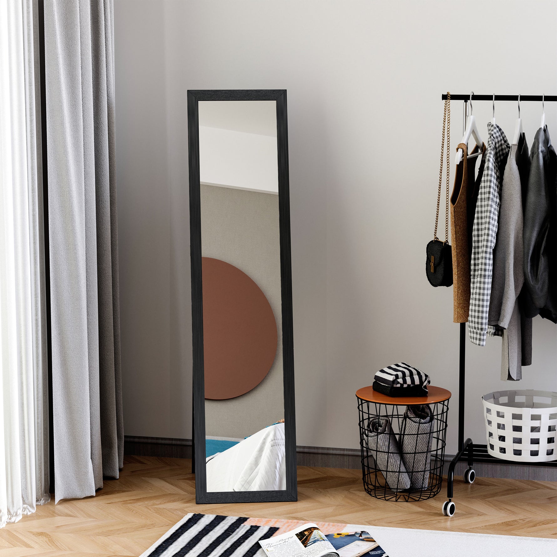 Miroir sur Pied et Mural Rectangulaire, Miroir de Sol Pleine Longueur pour Dressing, Chambre, Salon, 37 x 37 x 154 cm, Noir