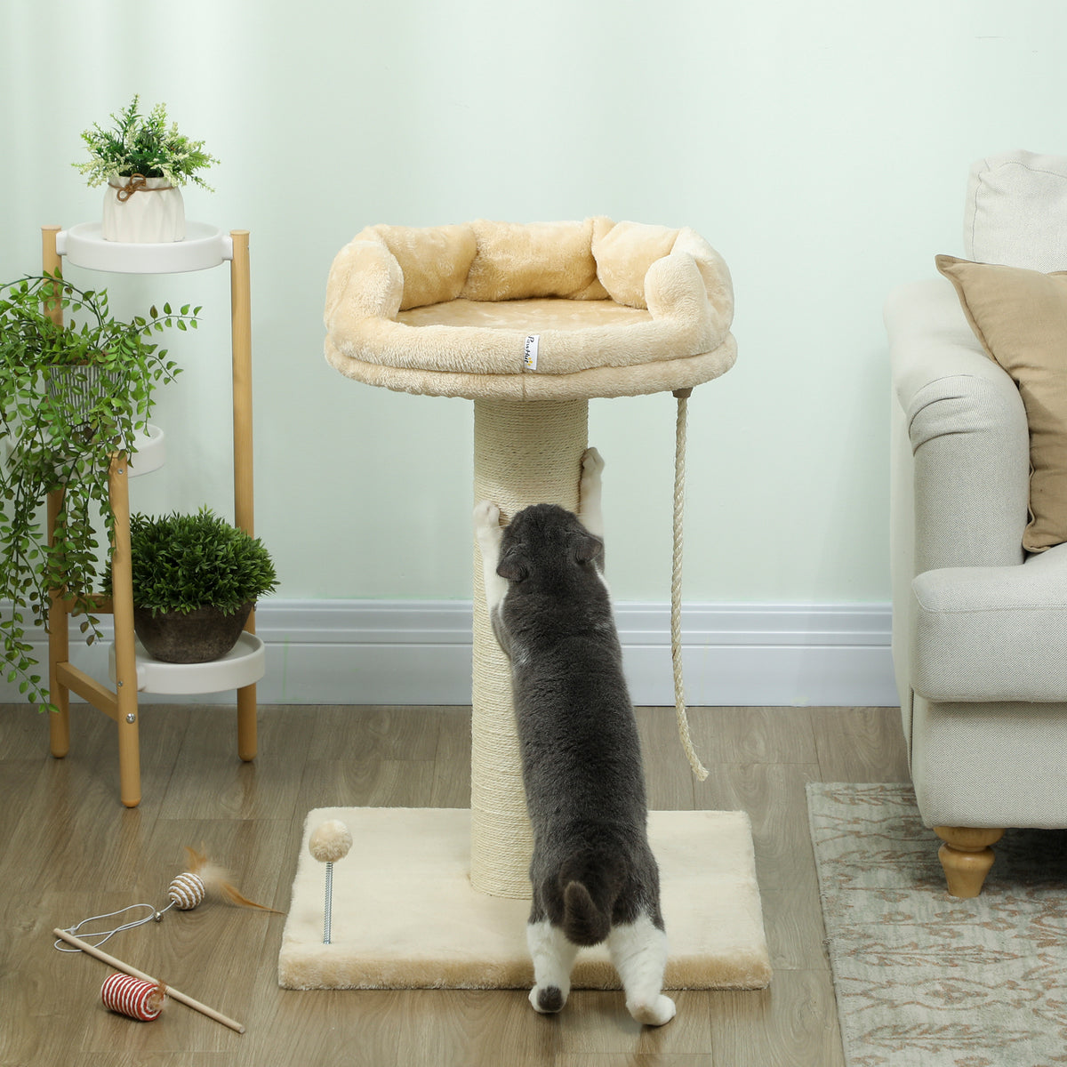 Arbre à chat grattoir design jeu boule et cordelette suspendue+ plateforme peluche - 55 x 55 x 83 cm - sisal beige
