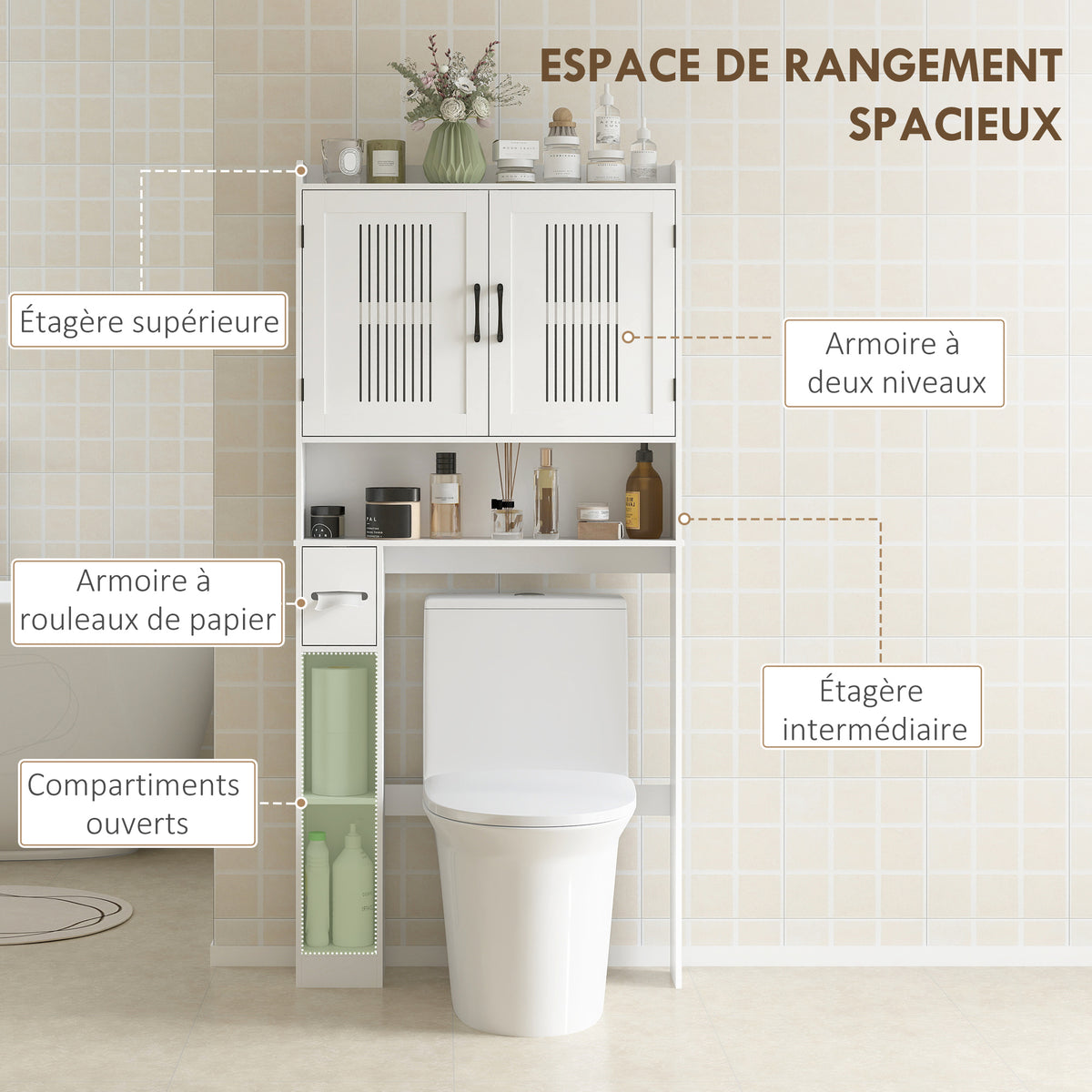 Meuble WC dessus de toilette meuble salle de bain avec placard à porte double et porte-papier 80x19,5x170cm blanc