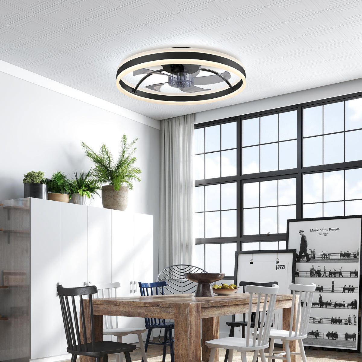 Ceiling fan with light and remote control, 50 cm ceiling fan light with 6 speeds, black