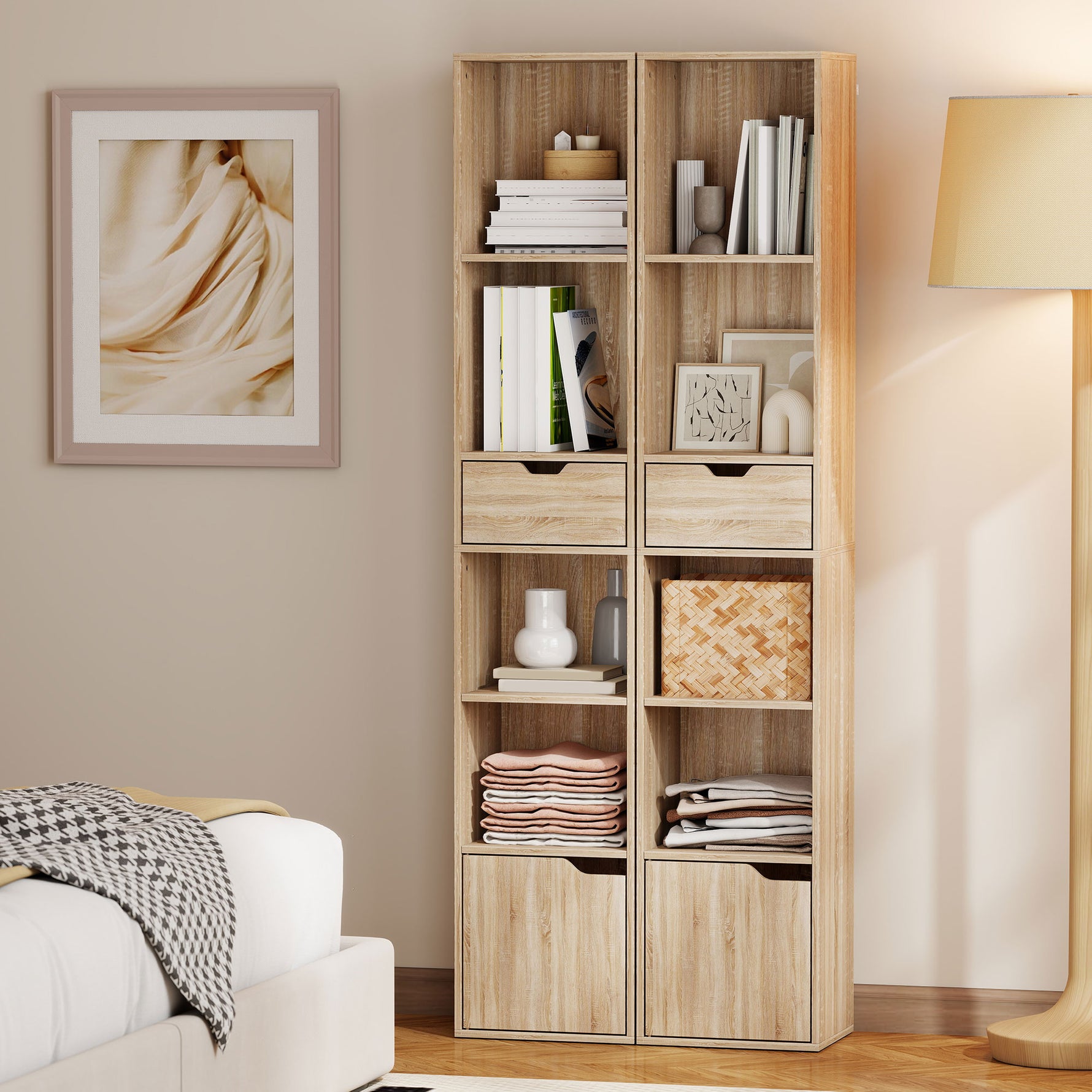 Bibliothèque, étagère à livres, meuble de rangement avec tiroir placard compartiments ouvertes, 30 x 24 x 158 cm naturel