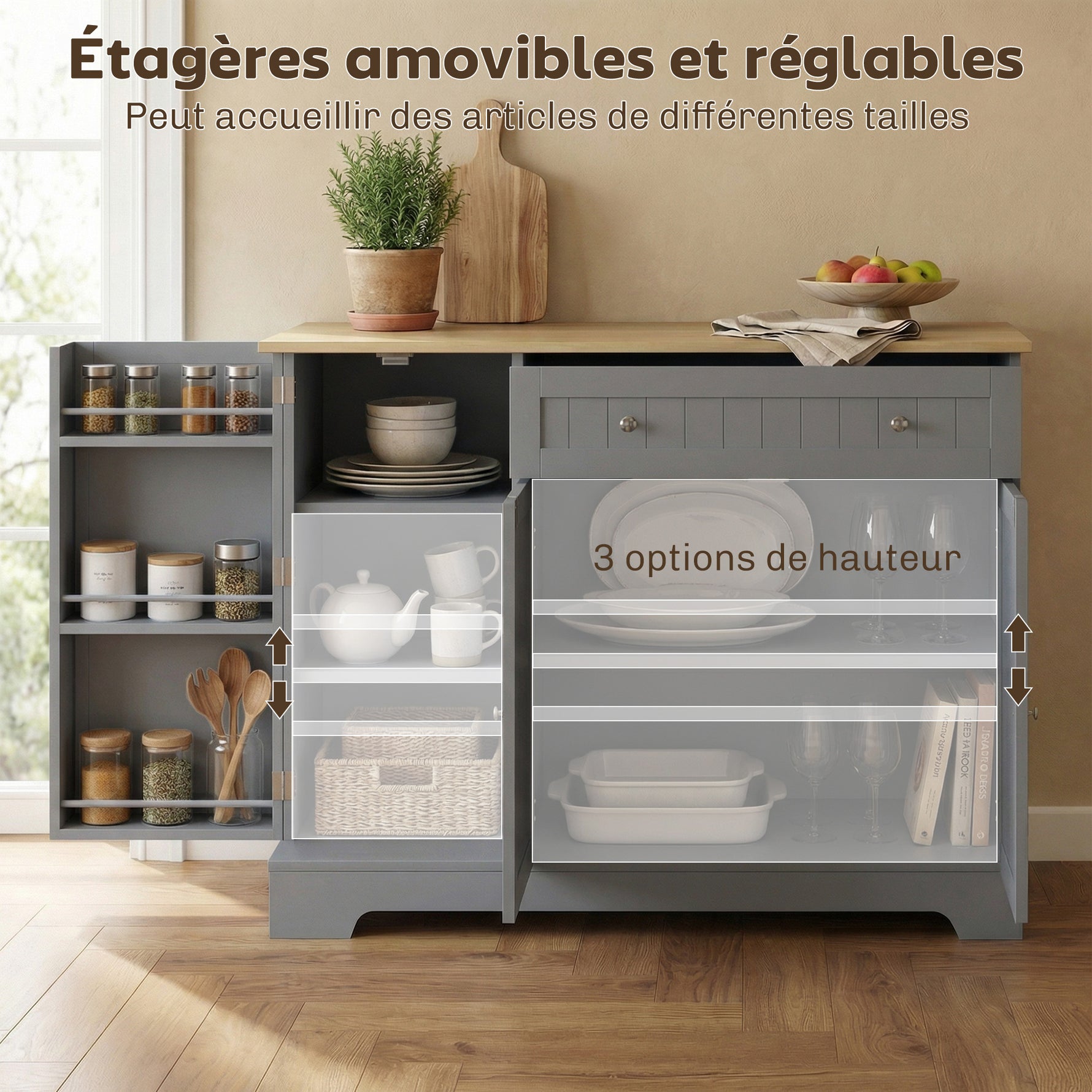 Buffet cuisine, meuble de rangement avec 3 portes, tiroir, étagères de porte et étagère réglable, 105x40x83cm, gris