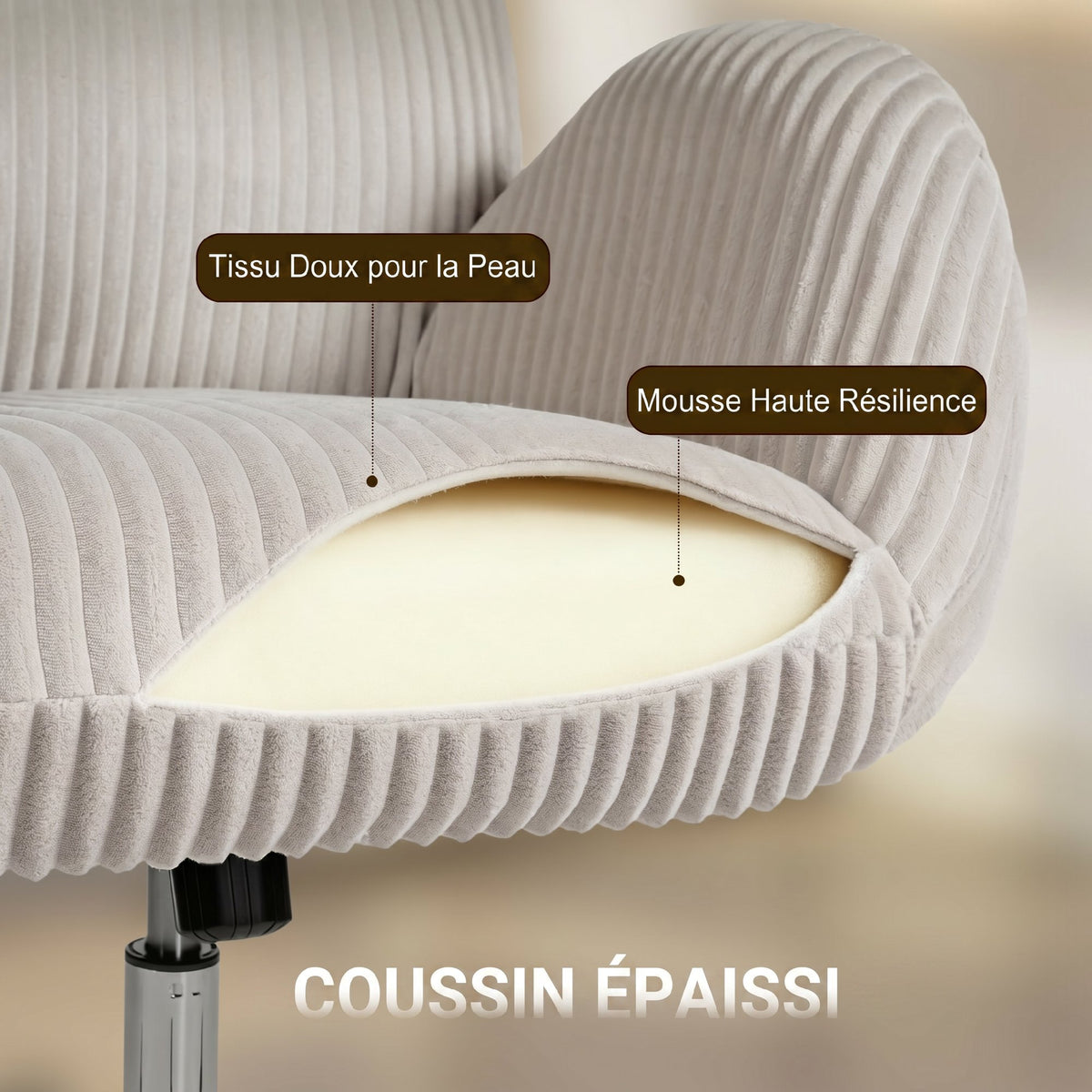 Chaise bureau ergonomique en velours, fauteuil de bureau avec dossier haut, appui-tête réglable et accoudoirs, gris
