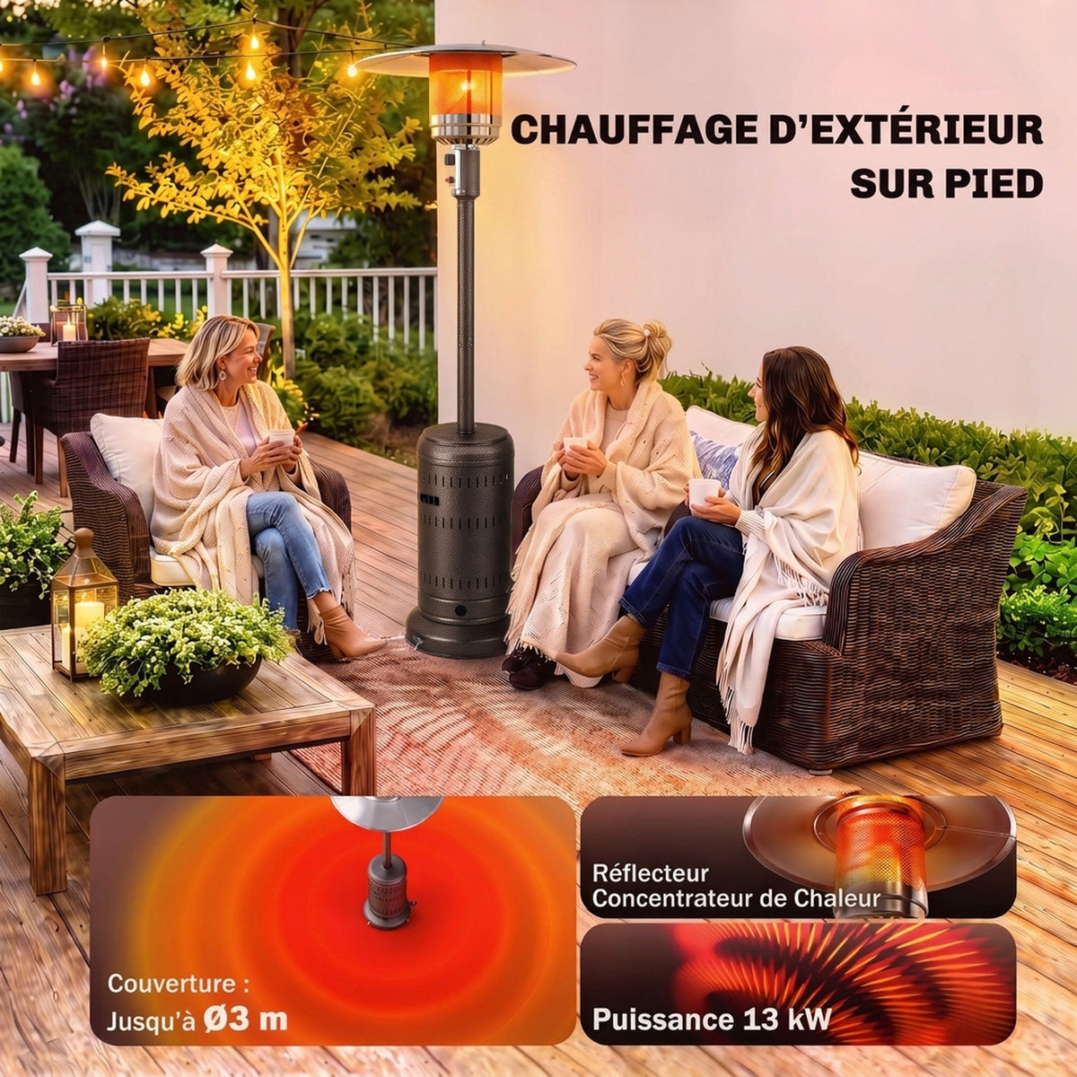 Riscaldatore da Esterno per Terrazzo Portatile 13 kW, Livelli di Calore Regolabili, Anti-Ribaltamento, 82x82x223cm, Marrone Scuro