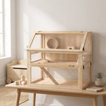 Cage hamster rongeur à 3 niveaux fond amovible de 31 cm de profondeur cabane balançoire 80x50x76cm finition bois naturel