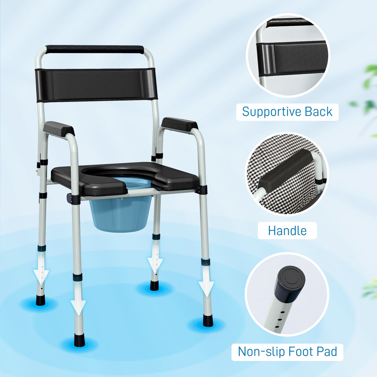 Silla inodoro plegable antideslizante de altura regulable, asiento y reposabrazos acolchados, carga 150 kg, negro
