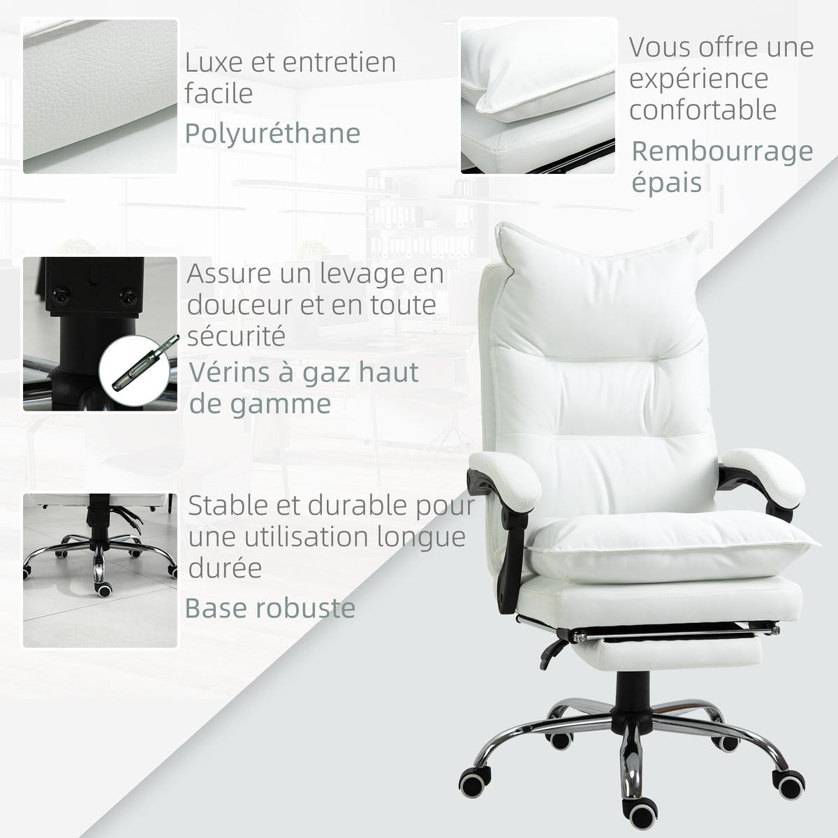 Fauteuil de bureau, chaise bureau ergonomique avec dossier inclinable, hauteur réglable, 66 x 72 x 130 cm, blanc