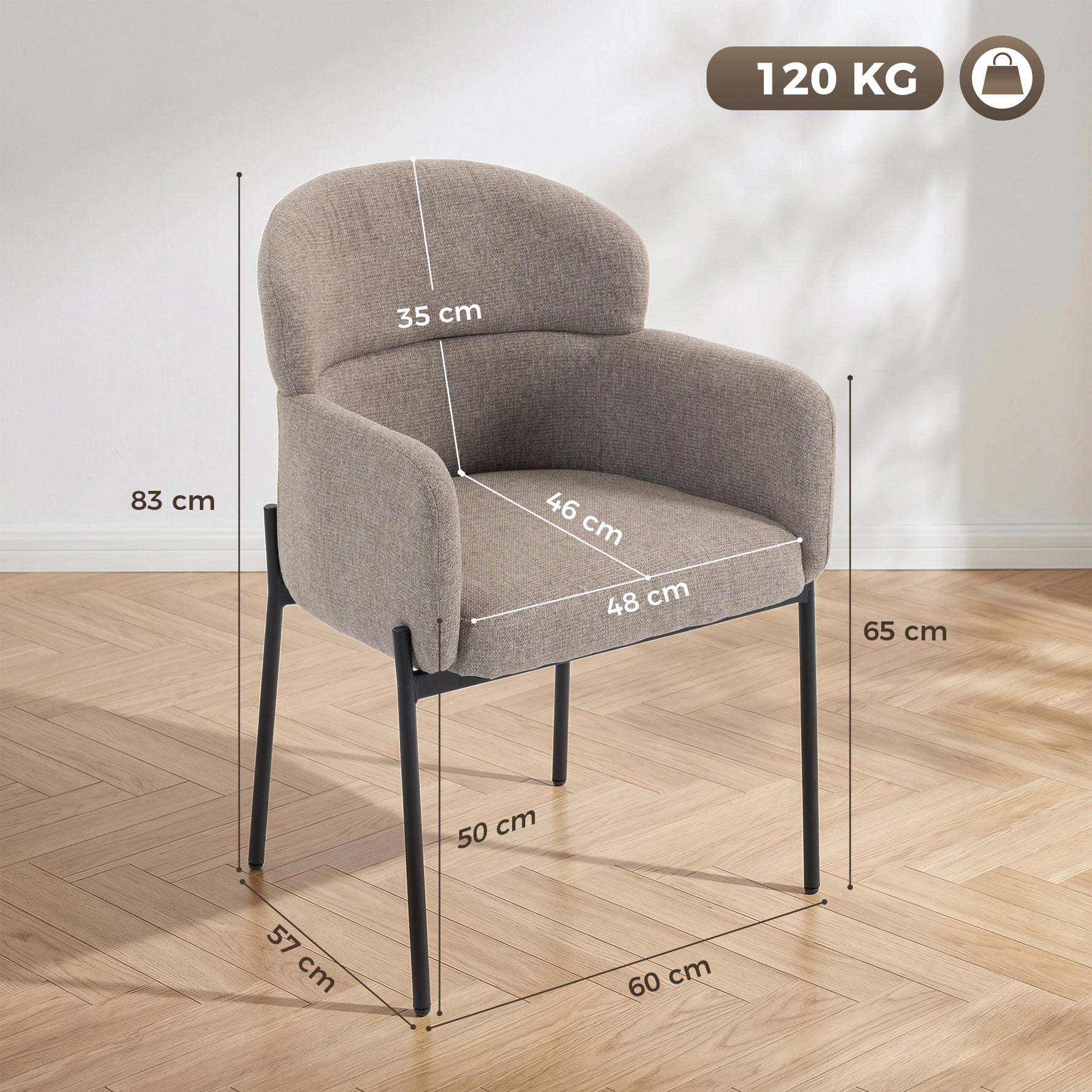 Fauteuil Salon, Fauteuil d'Appoint Rembourré en Chenille avec Dossier Courbé et Accoudoirs, Pieds en Métal, Marron Clair