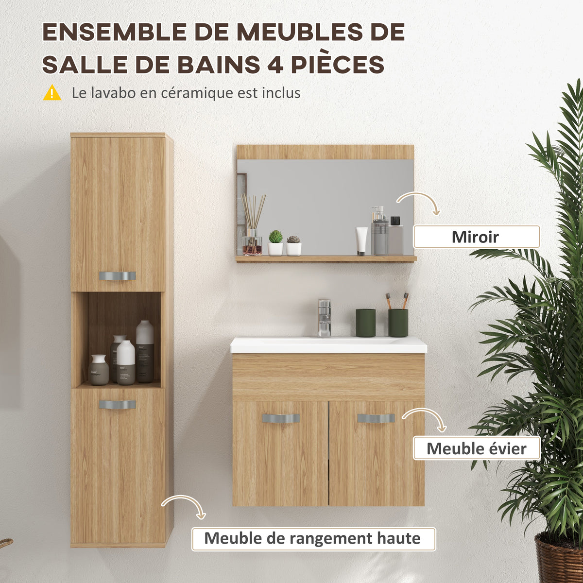 Ensemble de Meubles de Salle de Bain 4 Pièces, Mural, avec Miroir, Meuble sous Vasque, Lavabo et Armoire Haute, Naturel