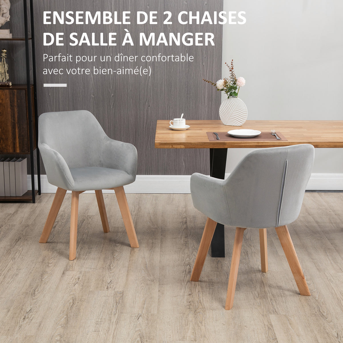 Lot de 2 chaises de salle à manger Fauteuil Assise rembourrée en tissu effet velours Pieds en bois, gris