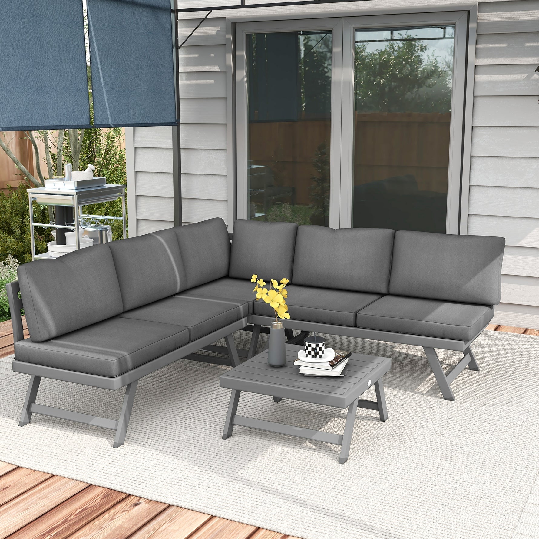 Ensemble salon de jardin d'angle et convertible 4 pièces avec 2 banquettes, 1 fauteuil d'angle et 1 table basse