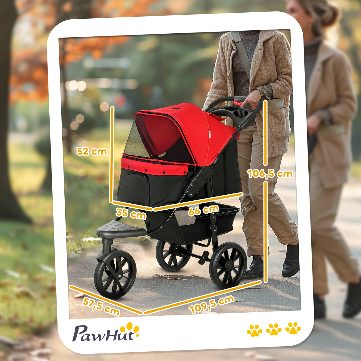 Passeggino per cani carrello pieghevole 3 ruote fuoristrada EVA 12" capottina regolabile 2 guinzagli 109,5x57,5x106,5cm rosso