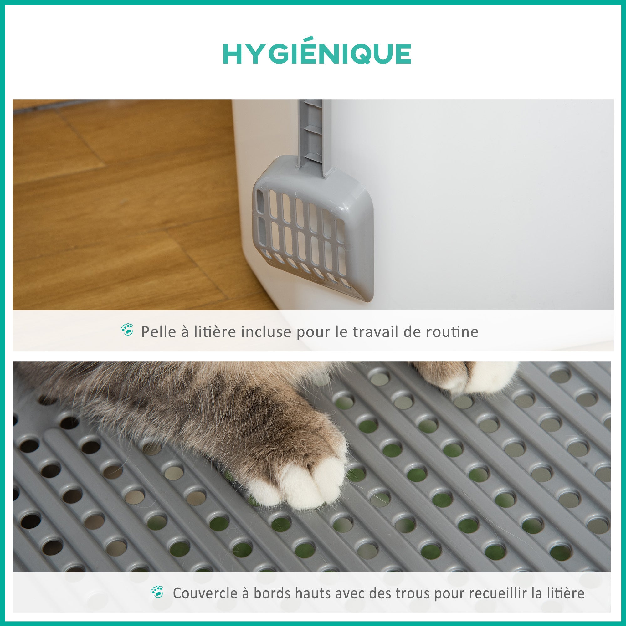 Toilette per gatti con doppia porta a battente e apertura superiore, paletta inclusa, 44L x 55P x 39A cm, bianco