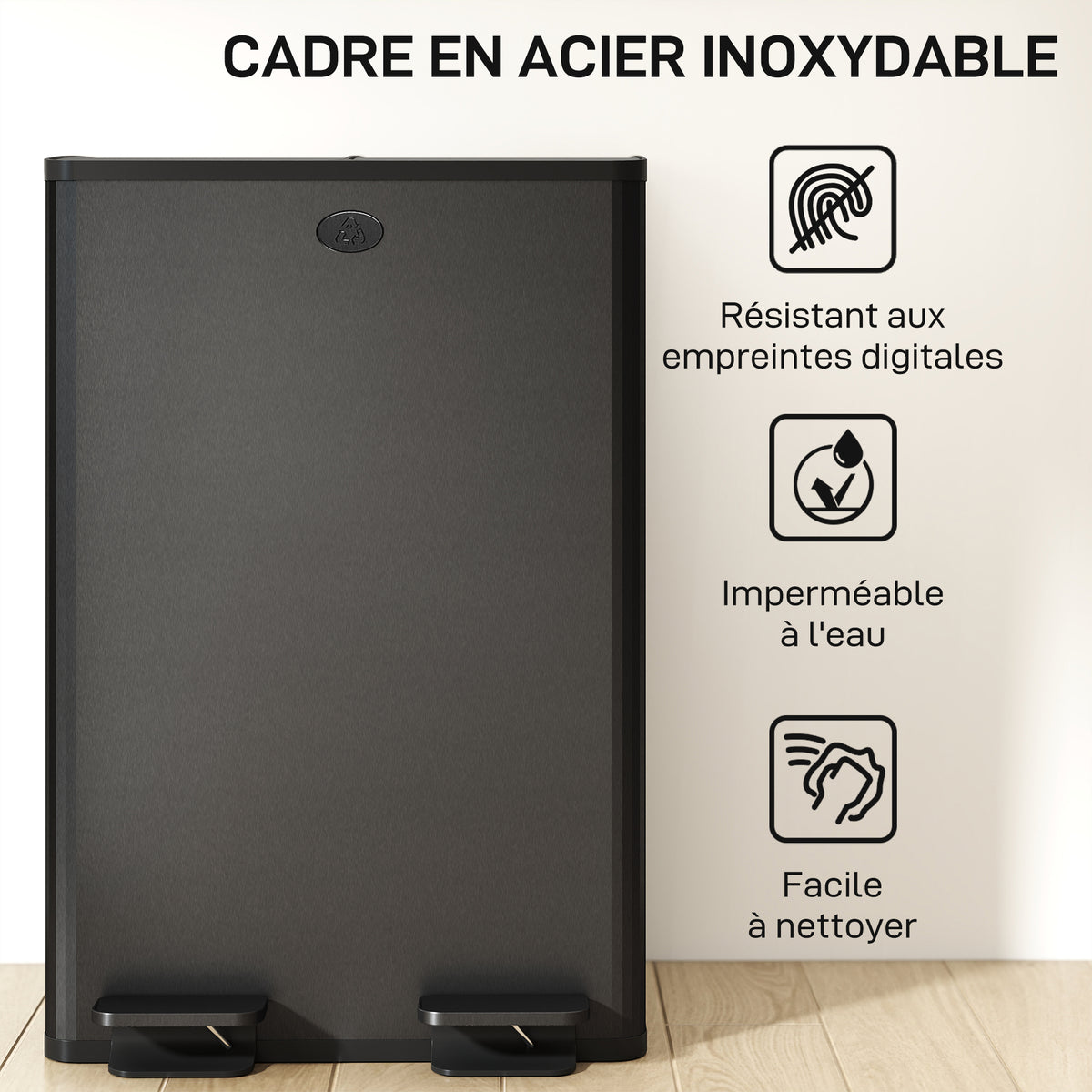 Poubelle de cuisine 2 compartiments de 2 x 28L, acier inoxydable, couvercle à fermeture douce, 45,8x36x67,6cm, noir