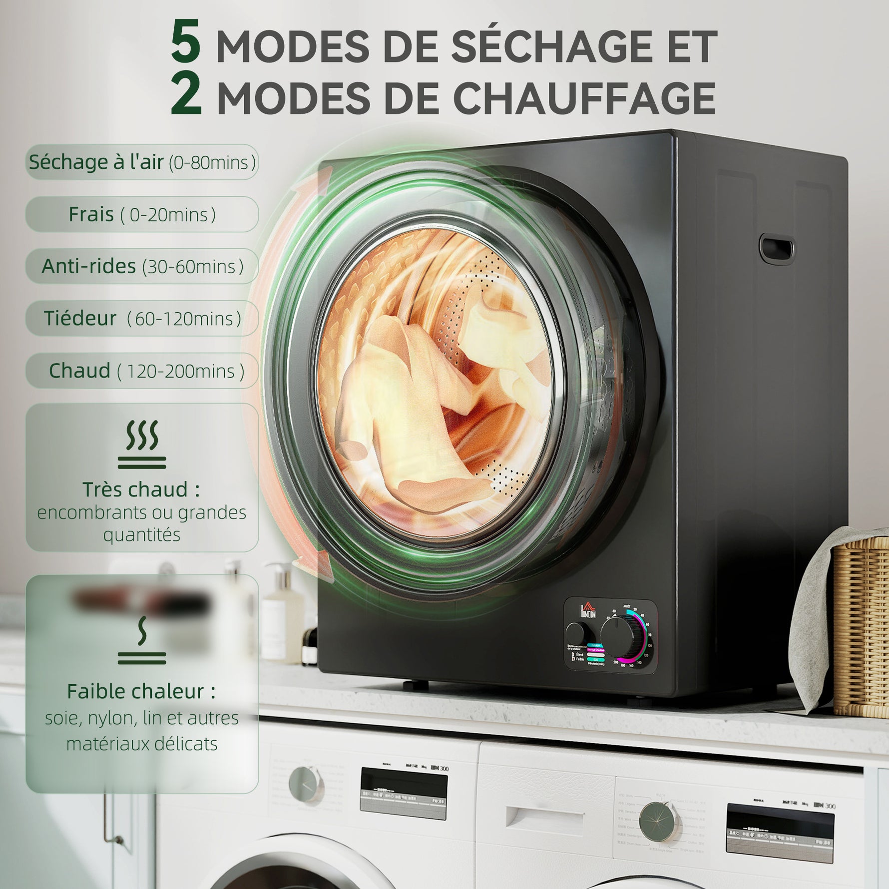 Sèche-linge électrique portable 850W, capacité 33L 4 modes de fonctionnement, acier inoxydable, 49 x 40,5 x 60 cm, noir