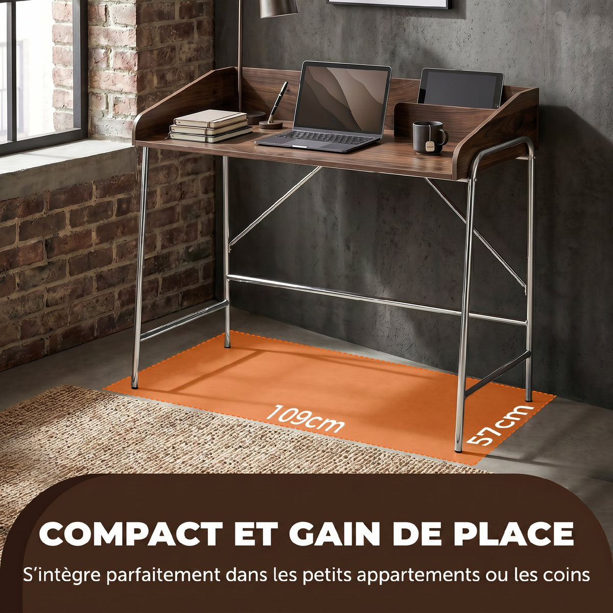 Bureau, bureau d'ordinateur 109 cm avec rebord de sécurité et structure en métal, noyer