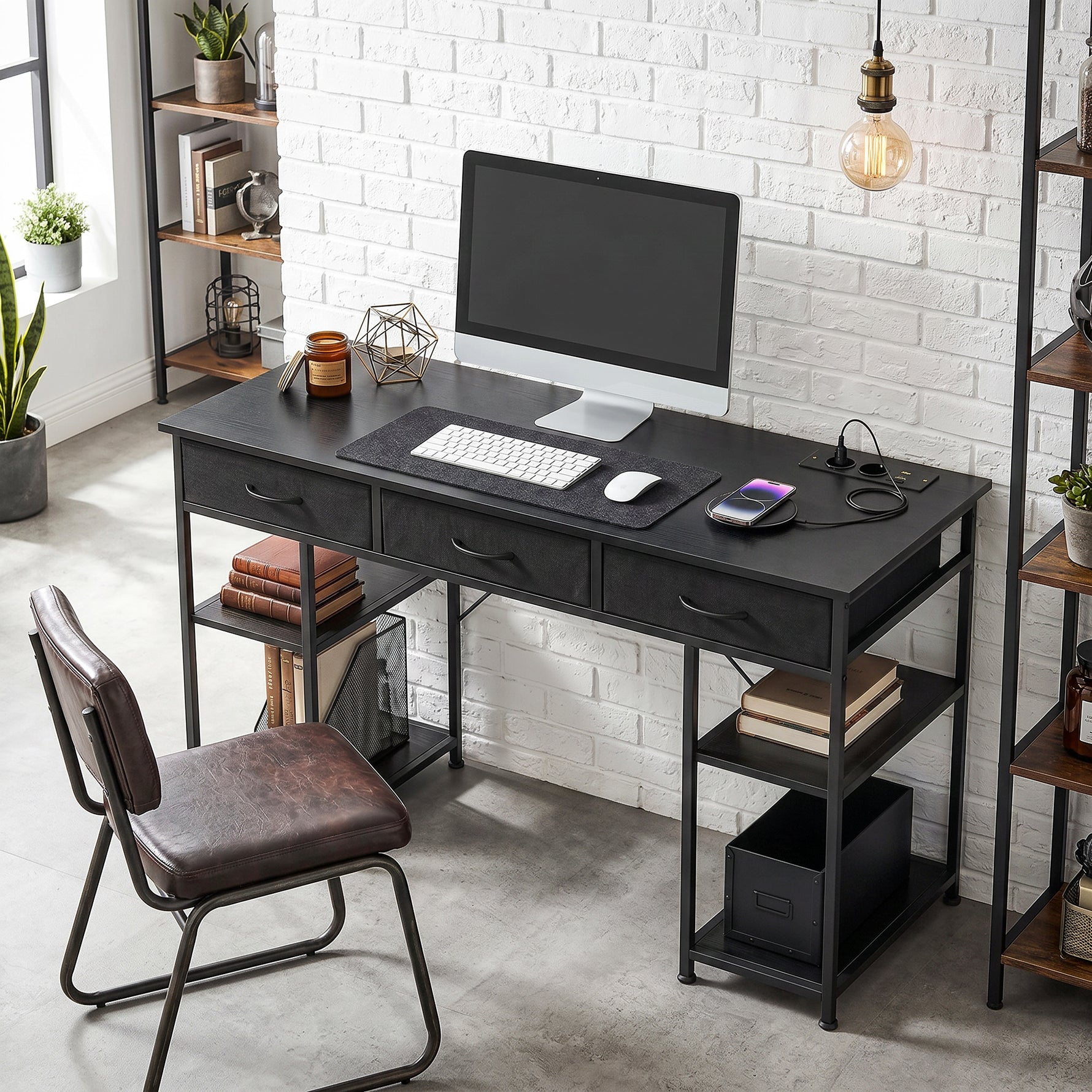 Bureau avec rangement avec prises de courant, 3 tiroirs en tissu et 4 étagères de rangement, 120 x 40 x 76 cm, noir