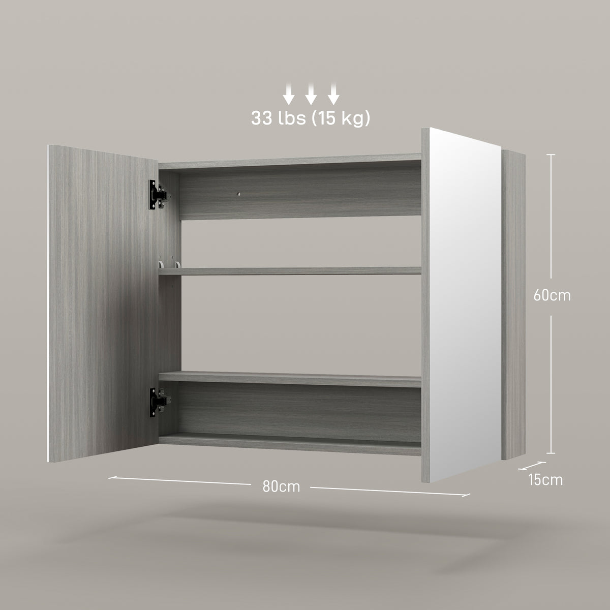 Armoire murale salle de bain avec miroir, meuble salle de bain, double portes et étagères réglables, 80x15x60cm, gris