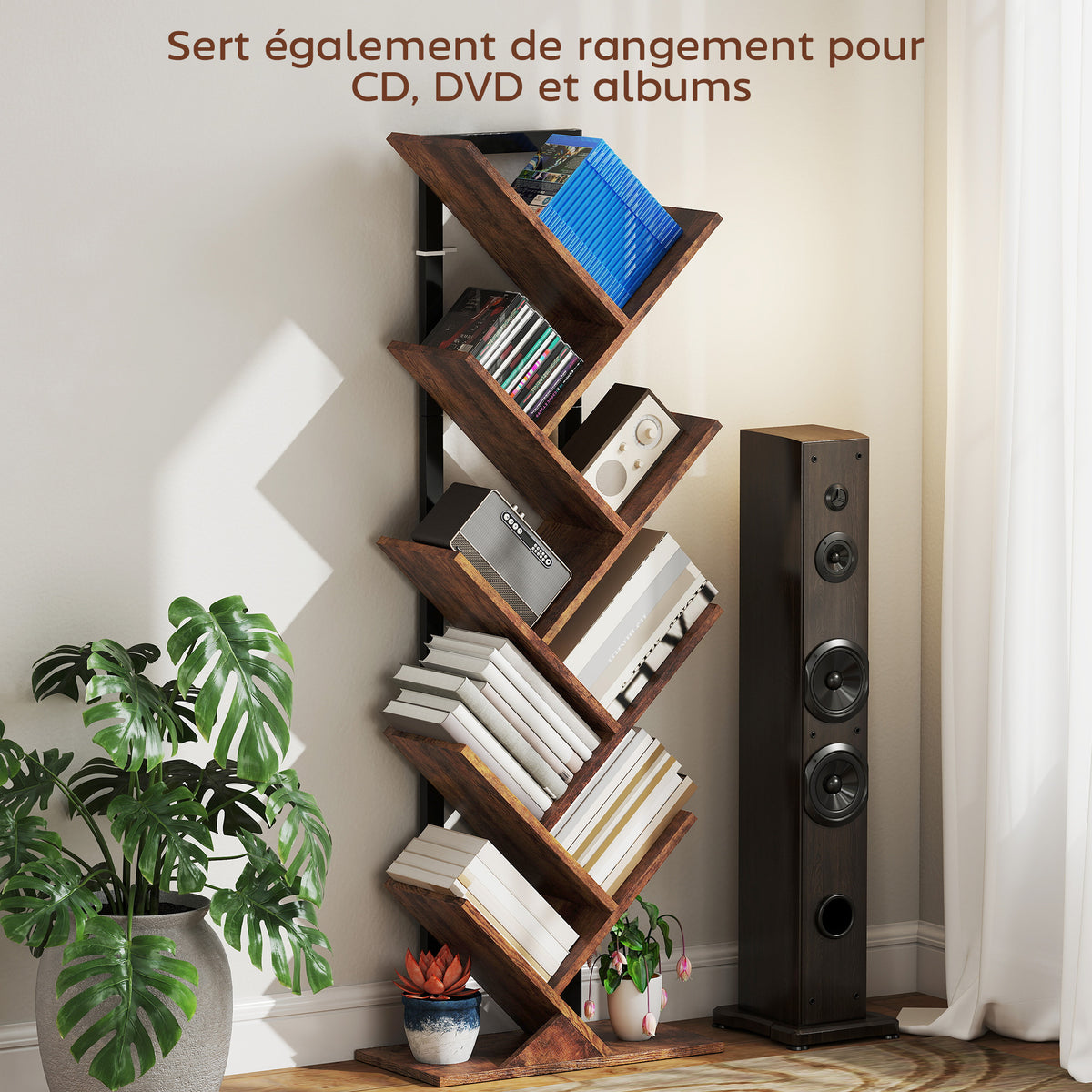 Bibliothèque Arbre à 9 Niveaux, Meuble de Rangement Industriel avec Cadre en Acier, 50x24x136cm, Brun Rustique