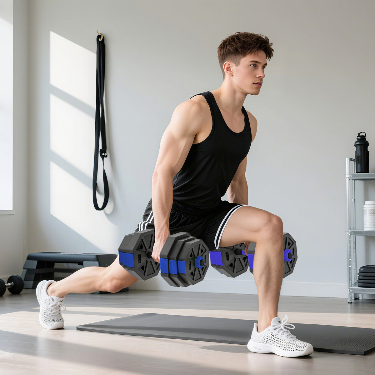Ensemble d'haltères musculation 6-en-1 haltère réglable 25 kg kettlebell, barre de musculation support pour pompes bleu