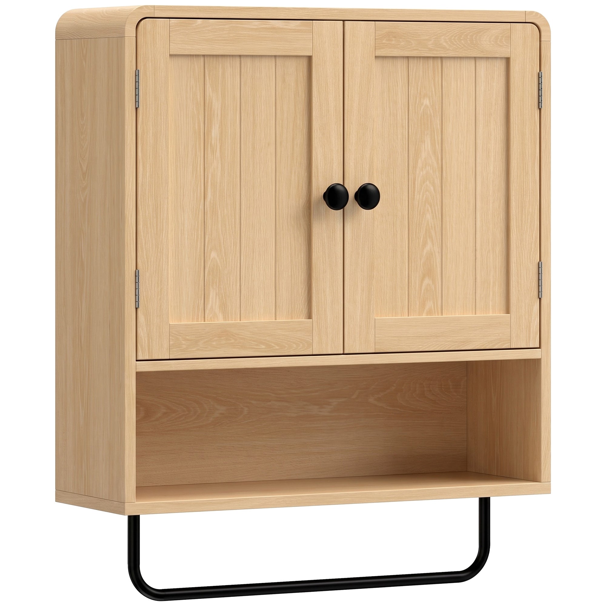 Armadietto da bagno a parete, mobile contenitore sospeso con 2 ante, ripiano a giorno, portasciugamani, rovere