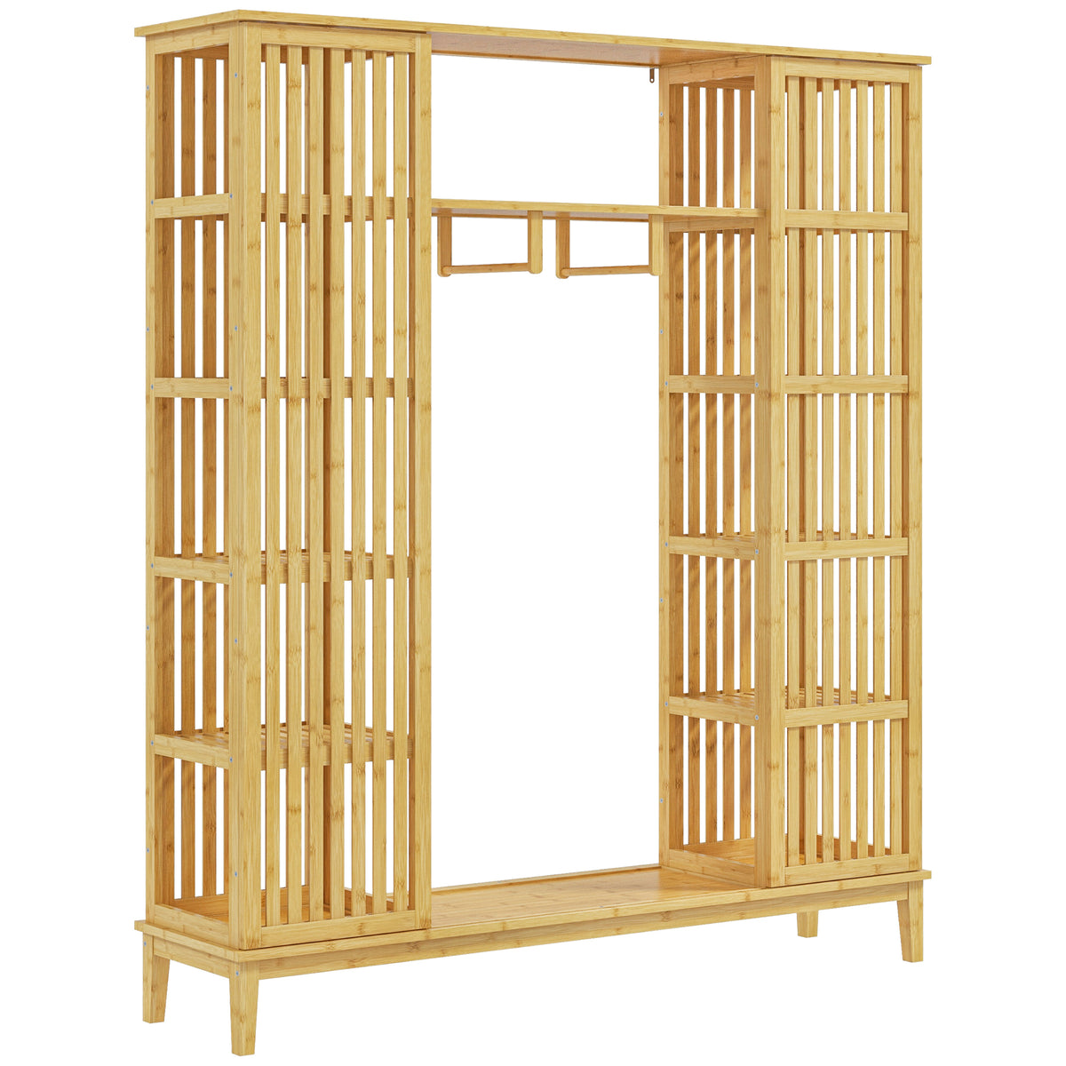 Armoire en bambou avec 2 portes coulissantes, étagères et tringle, grande armoire pour la chambre, 145 x 35 x 165cm