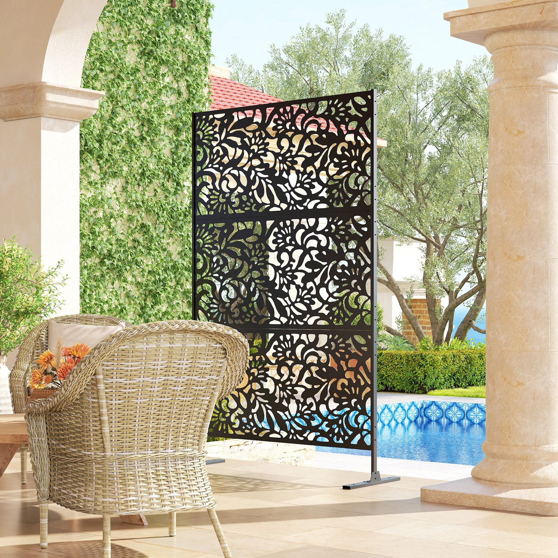 Panneau Brise Vue décoratif Extérieur Claustra Décoratif Jardin 3 Panneaux à motif floral Acier 122 x 45 x 198 cm Noir
