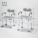 Taburete de ducha, silla de ducha ergonómica, altura regulable, patas antideslizantes, 56,5 x 53,5 x 87 cm, blanco y gris