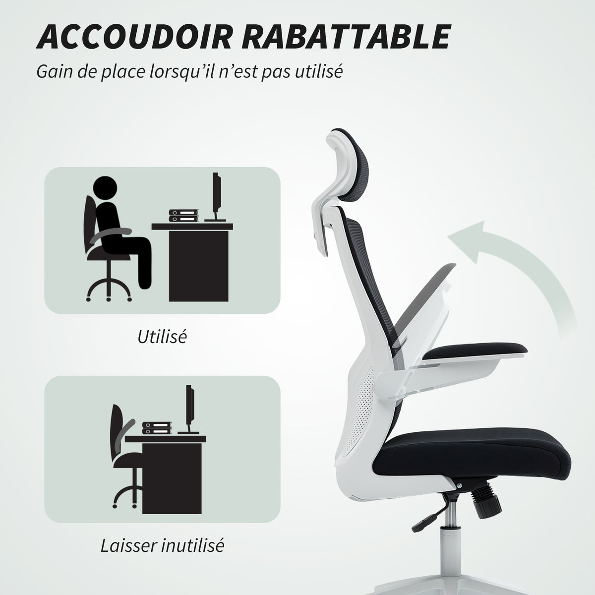 Chaise bureau ergonomique, fauteuil de bureau, accoudoirs relevables, soutien lombaire, appui-tête, 60x63x120cm, noir