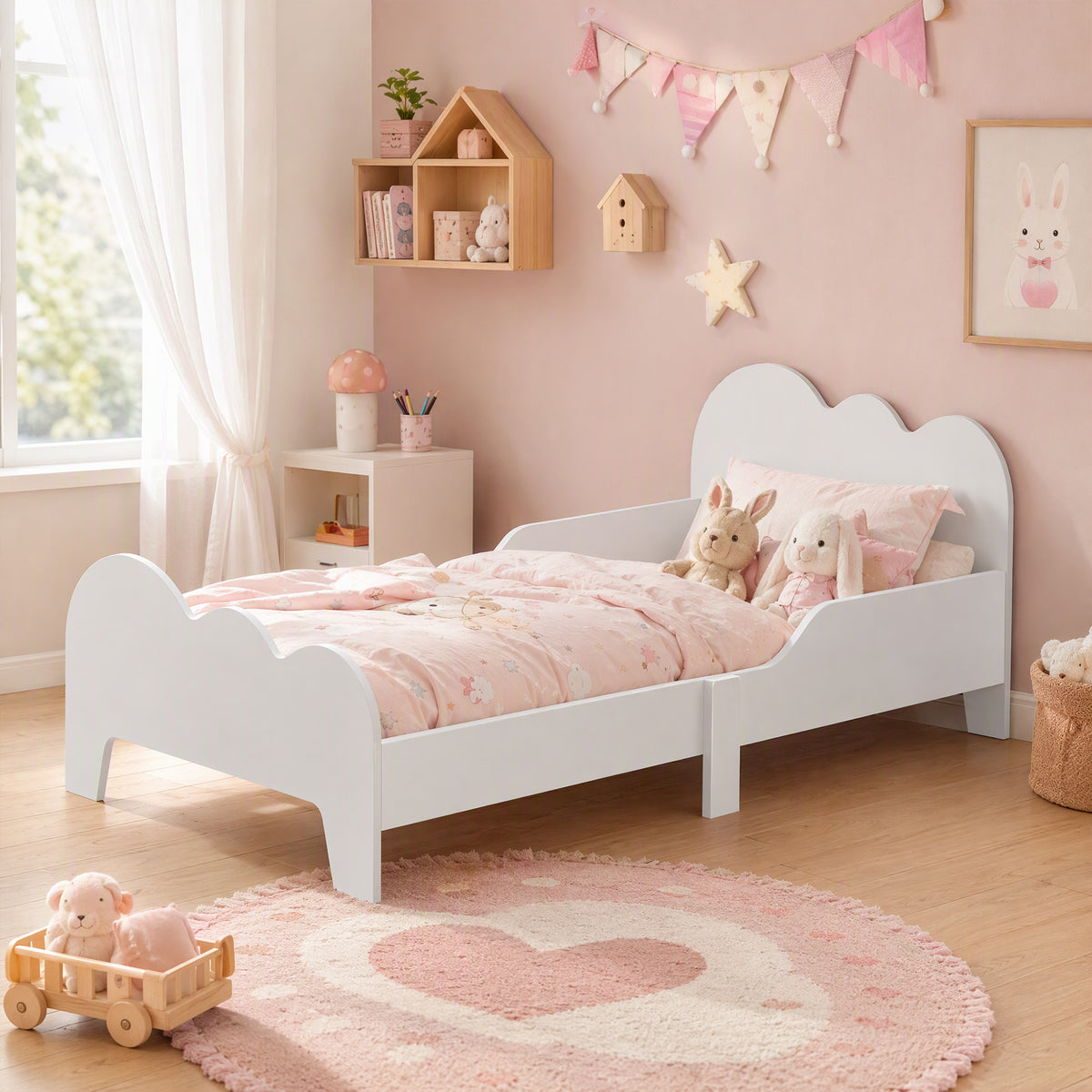 Toddler floor bed 70x140 cm with safety rail, slatted base included, and cloud decorations, white