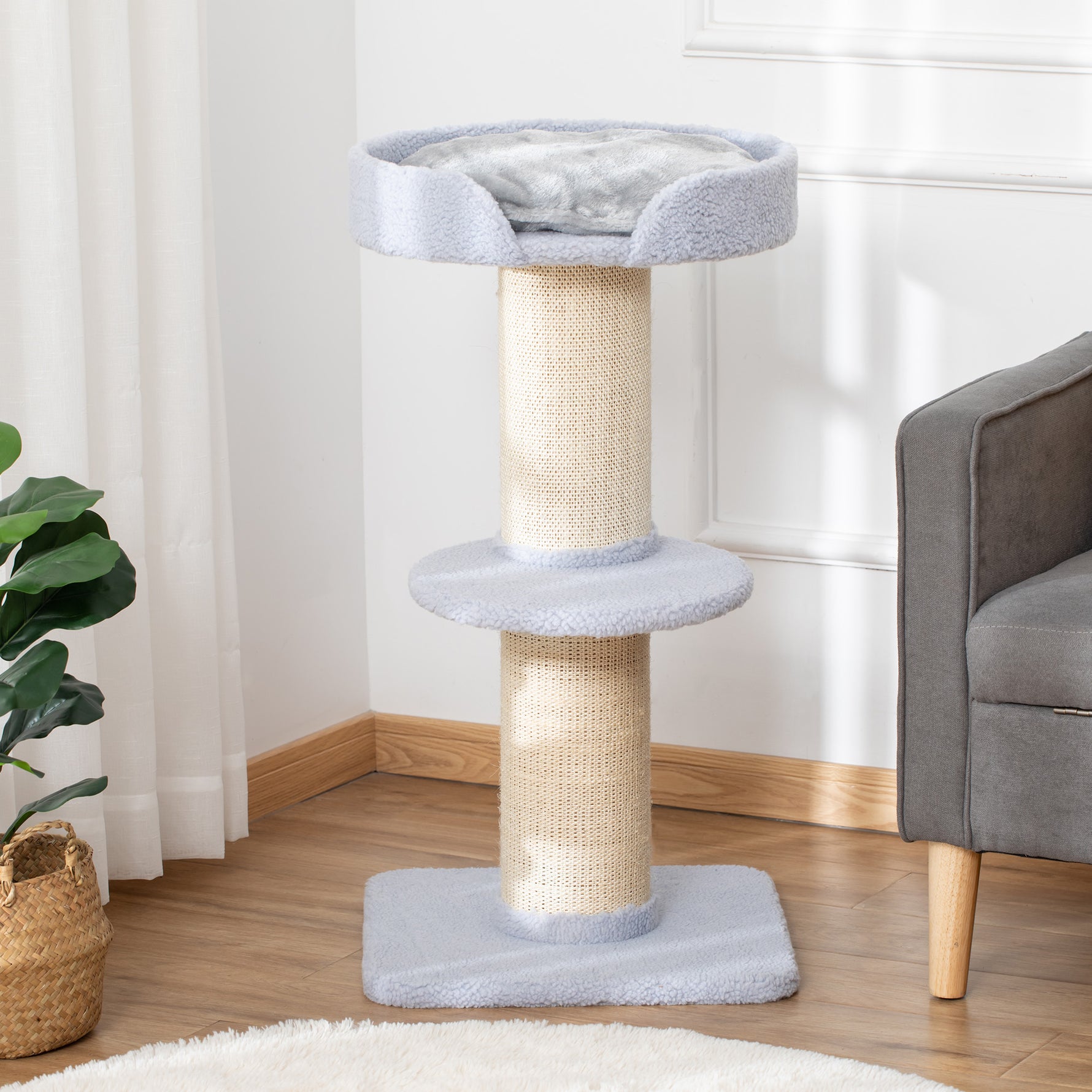 Arbre à chat avec griffoir centre d'activités 2 plateformes coussin bleu clair
