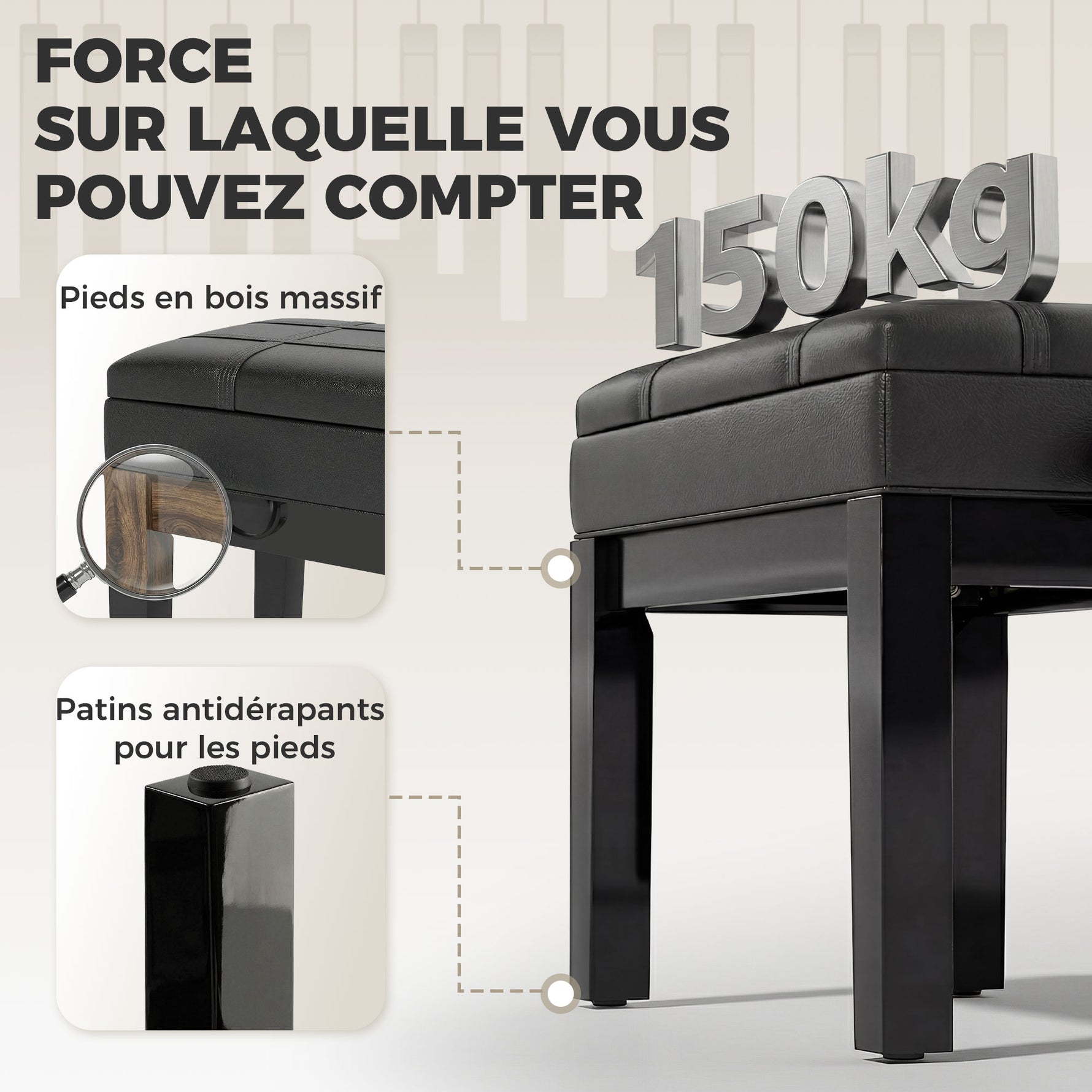 Banquette tabouret siège pour piano coffre intégré hauteur réglable bois hévéa assise revêtement synthétique noir