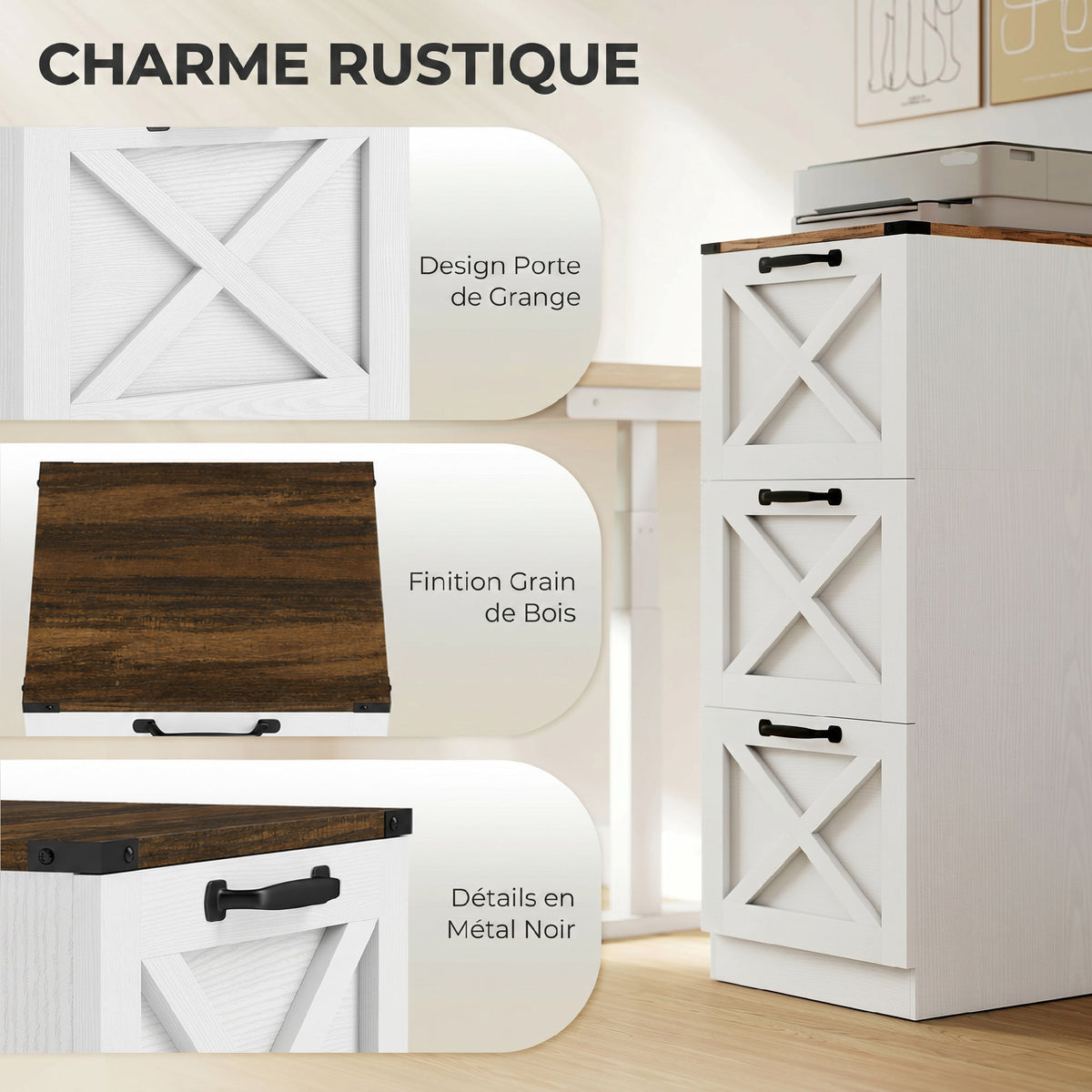 Cassettiera da ufficio con 3 cassetti, cartelle sospese per formati Lettera/A4, stile rustico, 40x40x101 cm, bianco