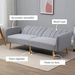 Canapé Convertible 2 Places Design scandinave Dossier inclinable 3 Positions Pieds Bois Tissu Aspect Lin Gris