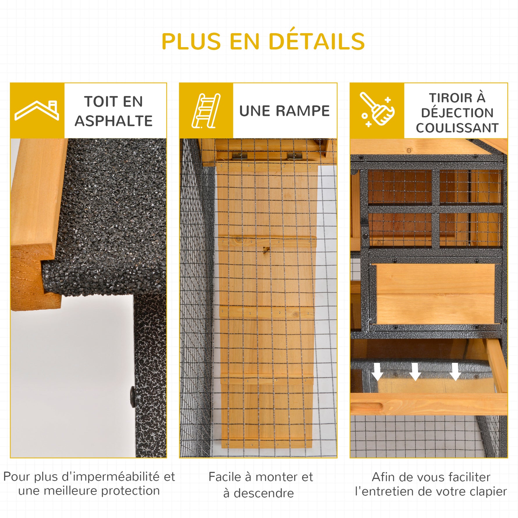 Clapier cage à lapins cottage - niche supérieure avec rampe et enclos extérieur - plateau excrément, fenêtre, 2 portes verrouillables - métal époxy sapin pré-huilé