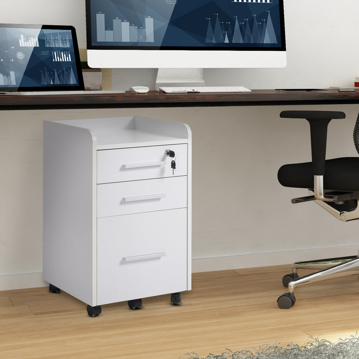 Caisson de bureau rangement bureau sur roulettes 3 tiroirs 1 verrouillable 1 trieur dossiers en bois blanc