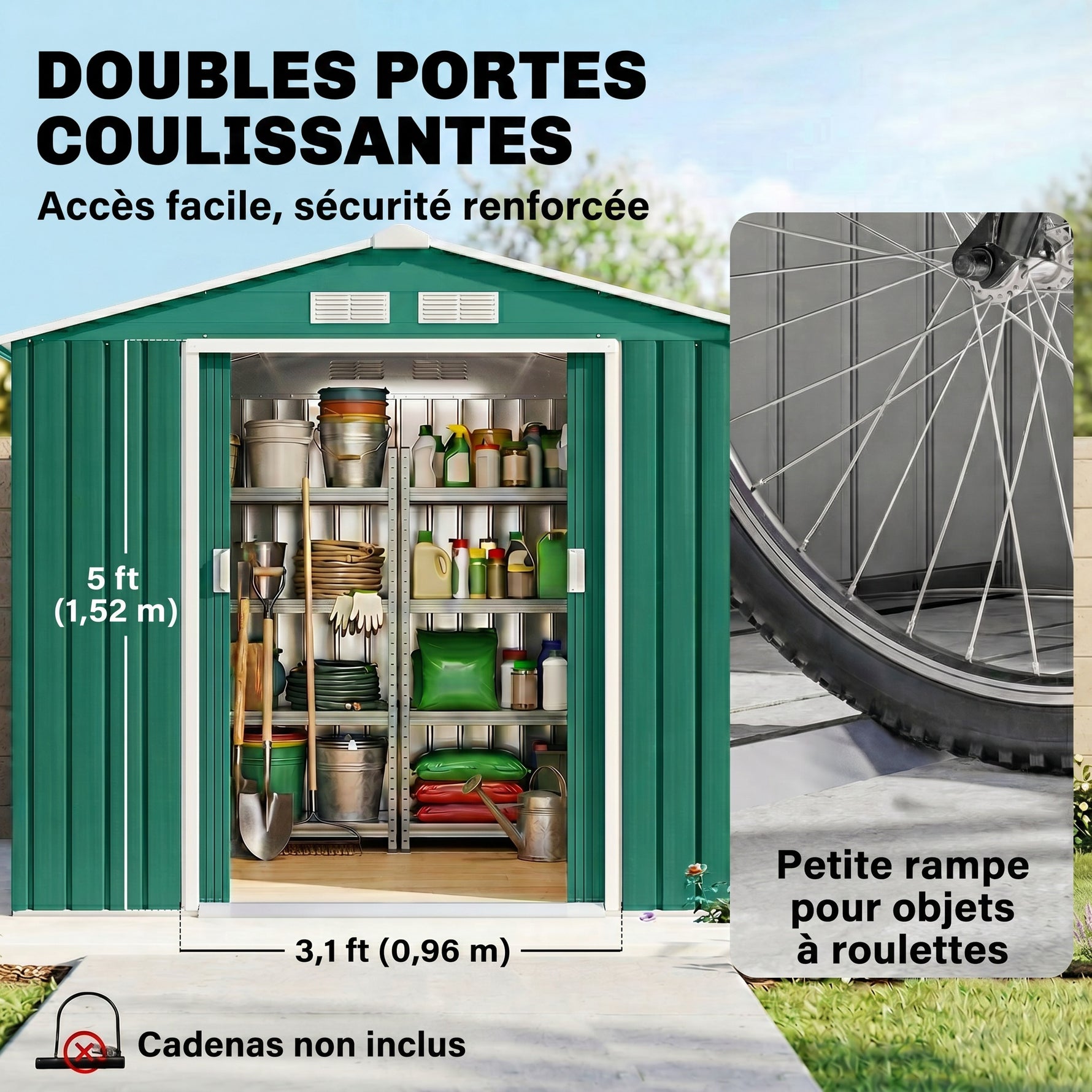Abri de Jardin 2,42 m² - Remise pour Outils avec kit de fondation - cabanon Porte verrouillable - dim. 213L x 130l x 185H cm - tôle d'acier Vert