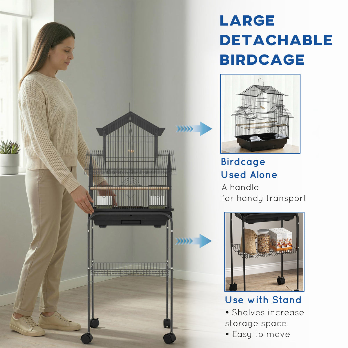 Cage à oiseaux design maison mangeoires perchoirs 3 portes plateau excrément amovible + poignée transport noir